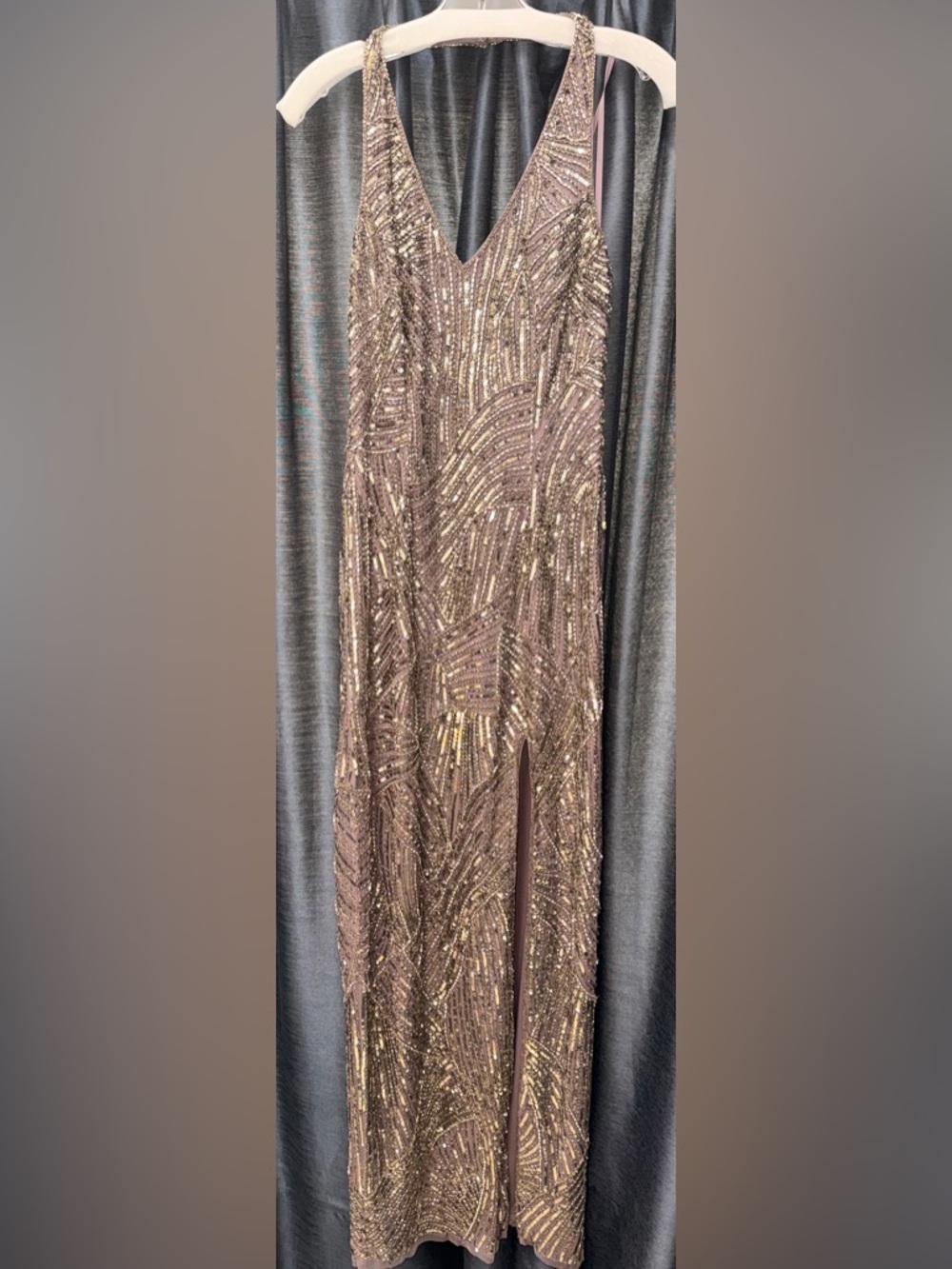 Backless Sequin Evening Gown in mauve with pewter Beading